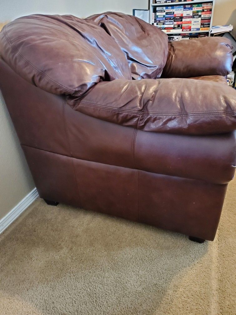 Leather Love Seat And Chair With Ottoman For Sale