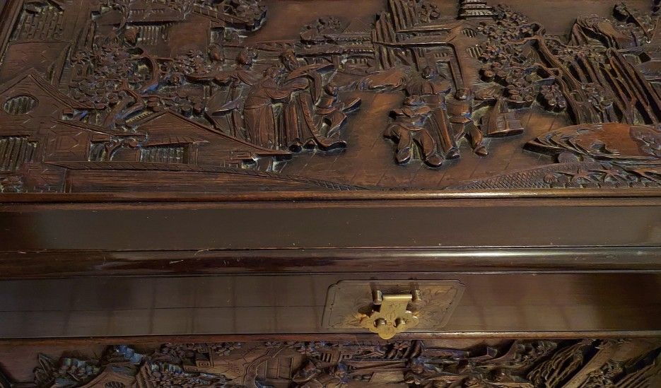 Vintage Chinese Carved Camphor Wood Trunk