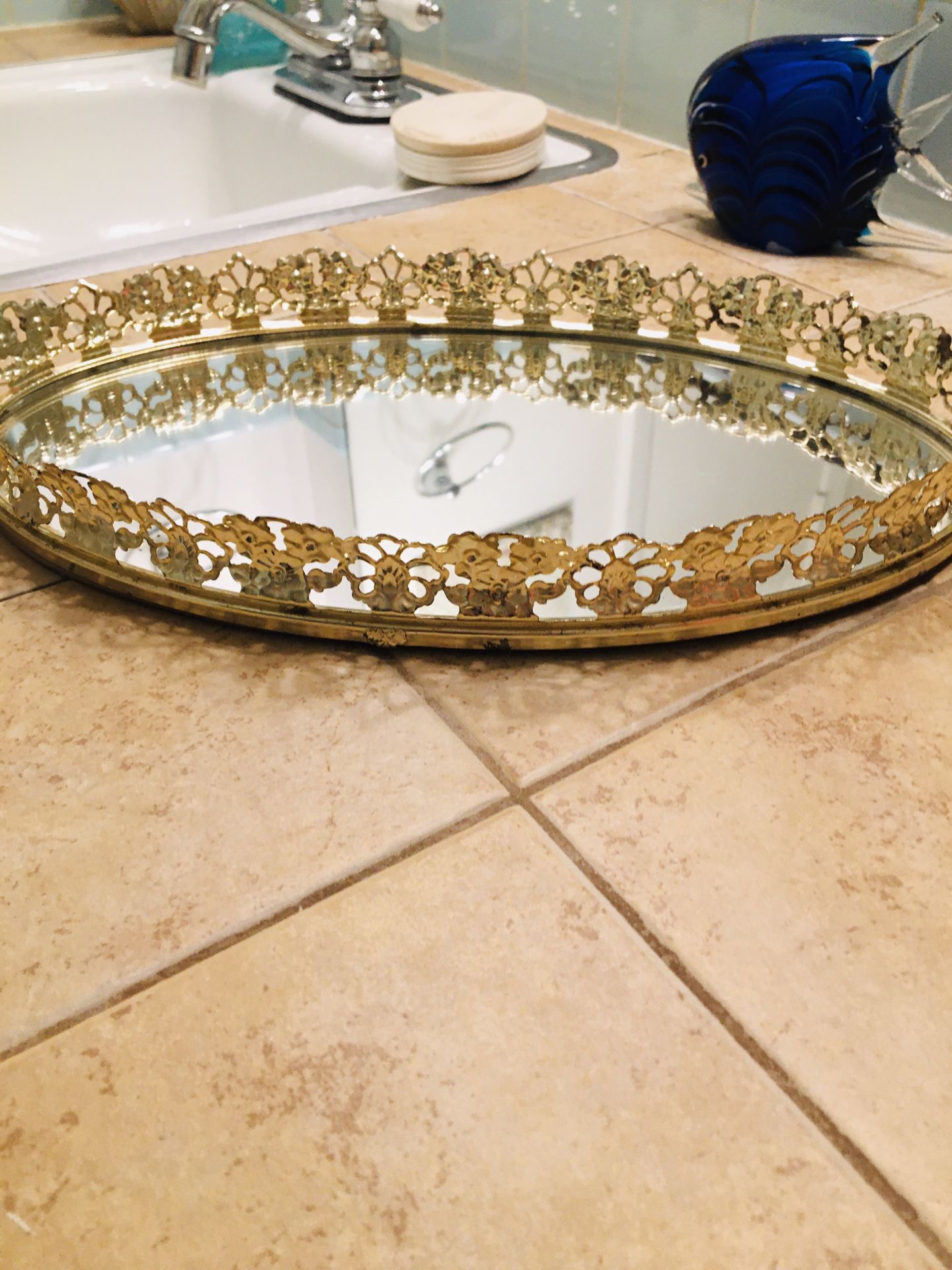 Vintage Gold Mirrored  Trinket Tray 13 X 8