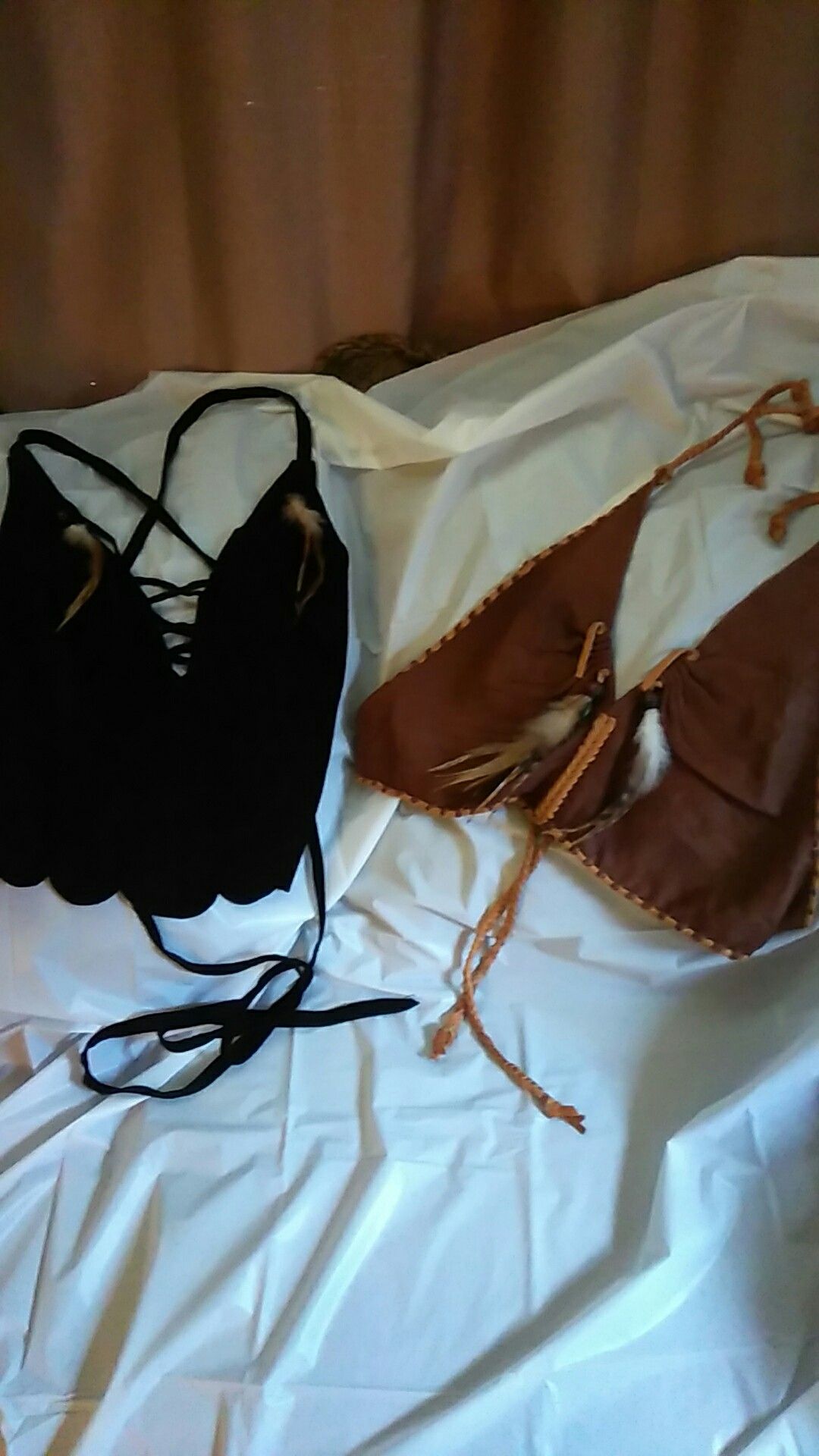 Brown leather halter top w/ feathers