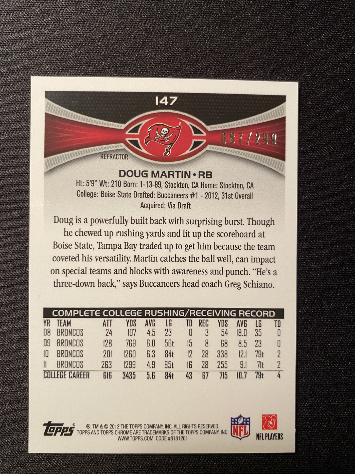 2012 Topps Chrome Doug Martin Black Refractor Rookie Card 87/299 #147