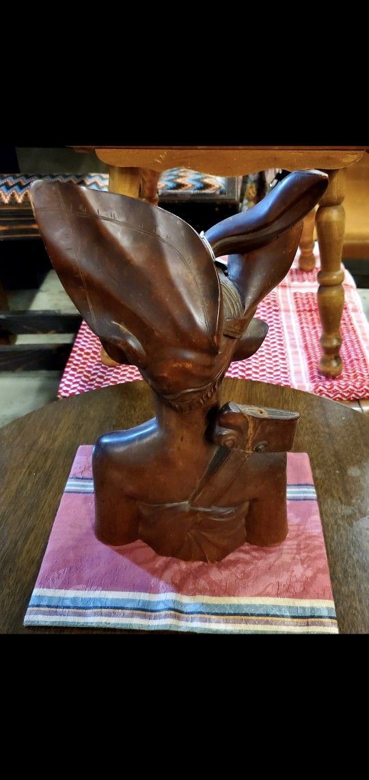 Beautiful Hand Carved Wood Bust, 14" Height, 7.5" Length.