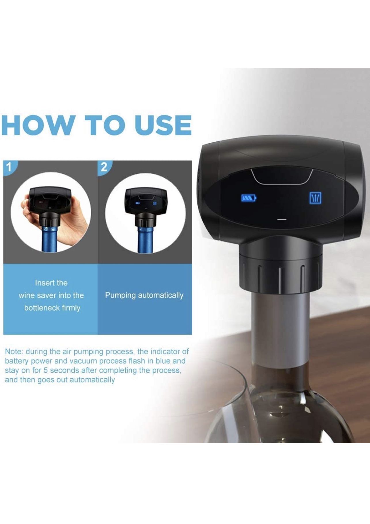 Wine Vacuum Stopper, Battery Powered Automatic 2-in-1 Electronic Wine Savers