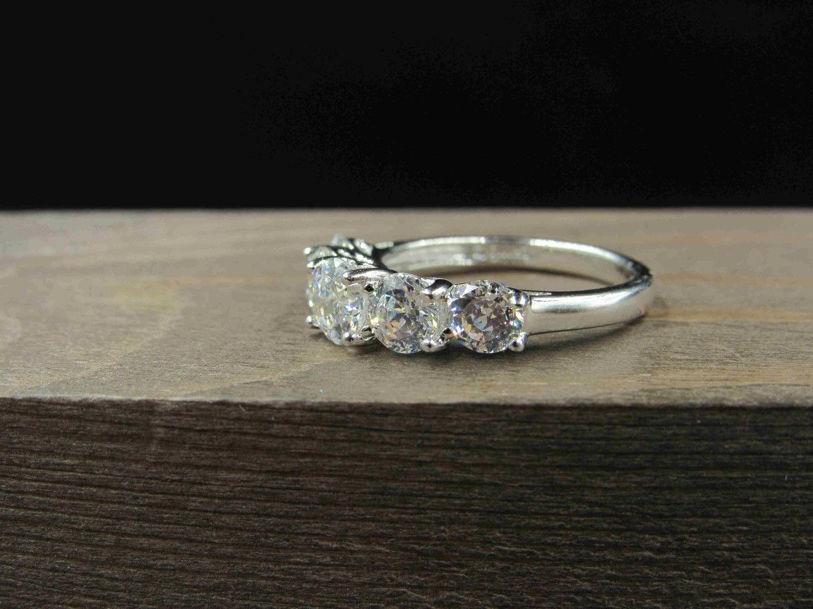 Size 7 Sterling Silver Five Round Cubic Zirconia Band Ring Vintage Statement Engagement Wedding Promise Anniversary Cocktail Friendship