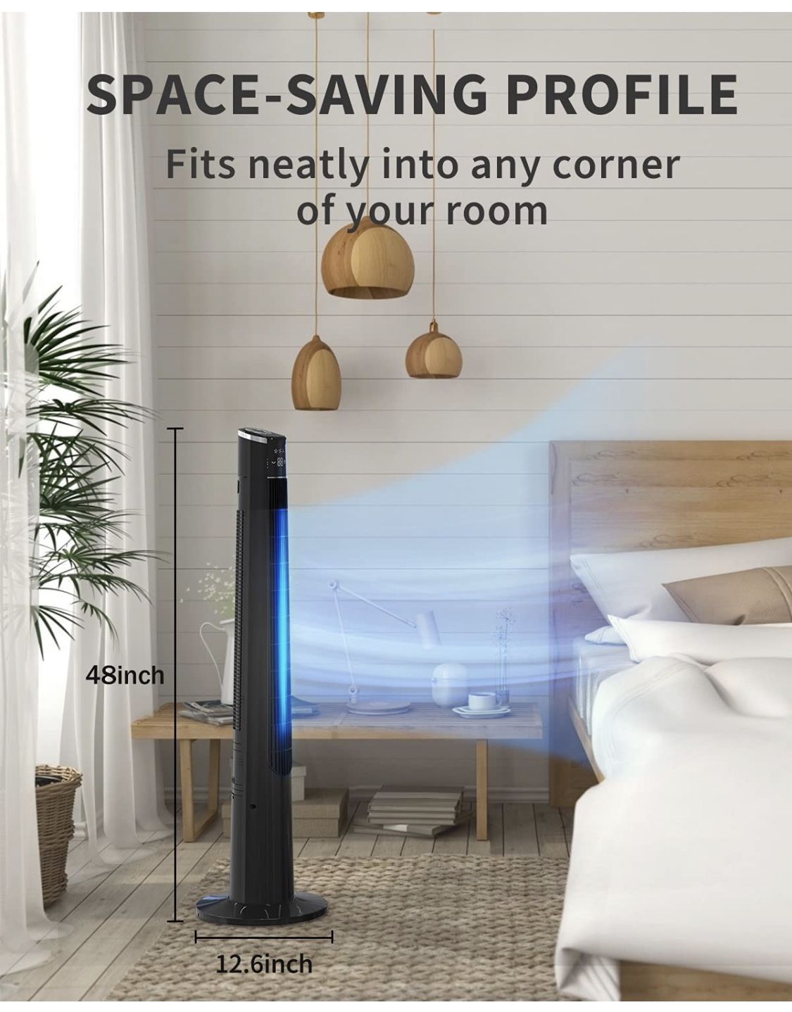Tower Fan for Bedroom- 48'' Oscillating Fan with Remote, Cooling, Quiet, Large LED Display, 12-Hour Timer, Electric Black Standing Bladeless Fan for W