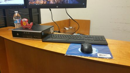 Small HP computer w/ Two (2) HP 22"LED monitors on dual-armed stand, wireless Keyboard&Mouse, i5, 8GB RAM, 600GB SSD, WiFi, DVD-RW, Win10Pro Thumbnail