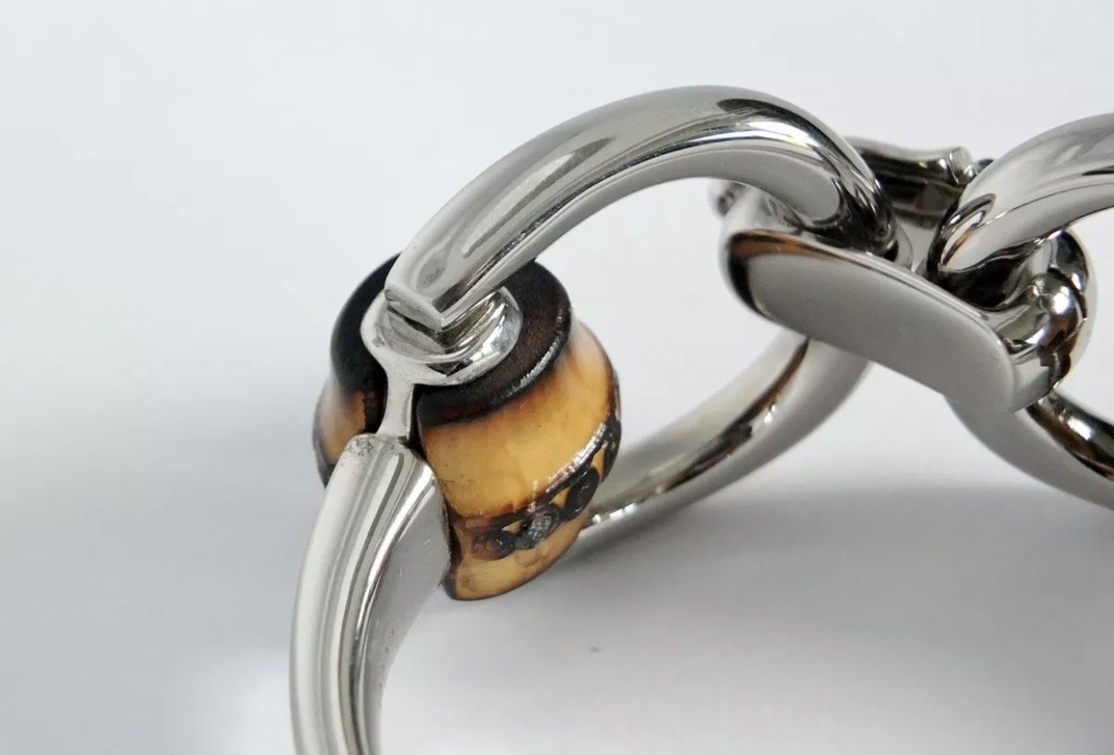 GUCCI sterling Silver Horsebit & Wood Bamboo Bracelet Size 16