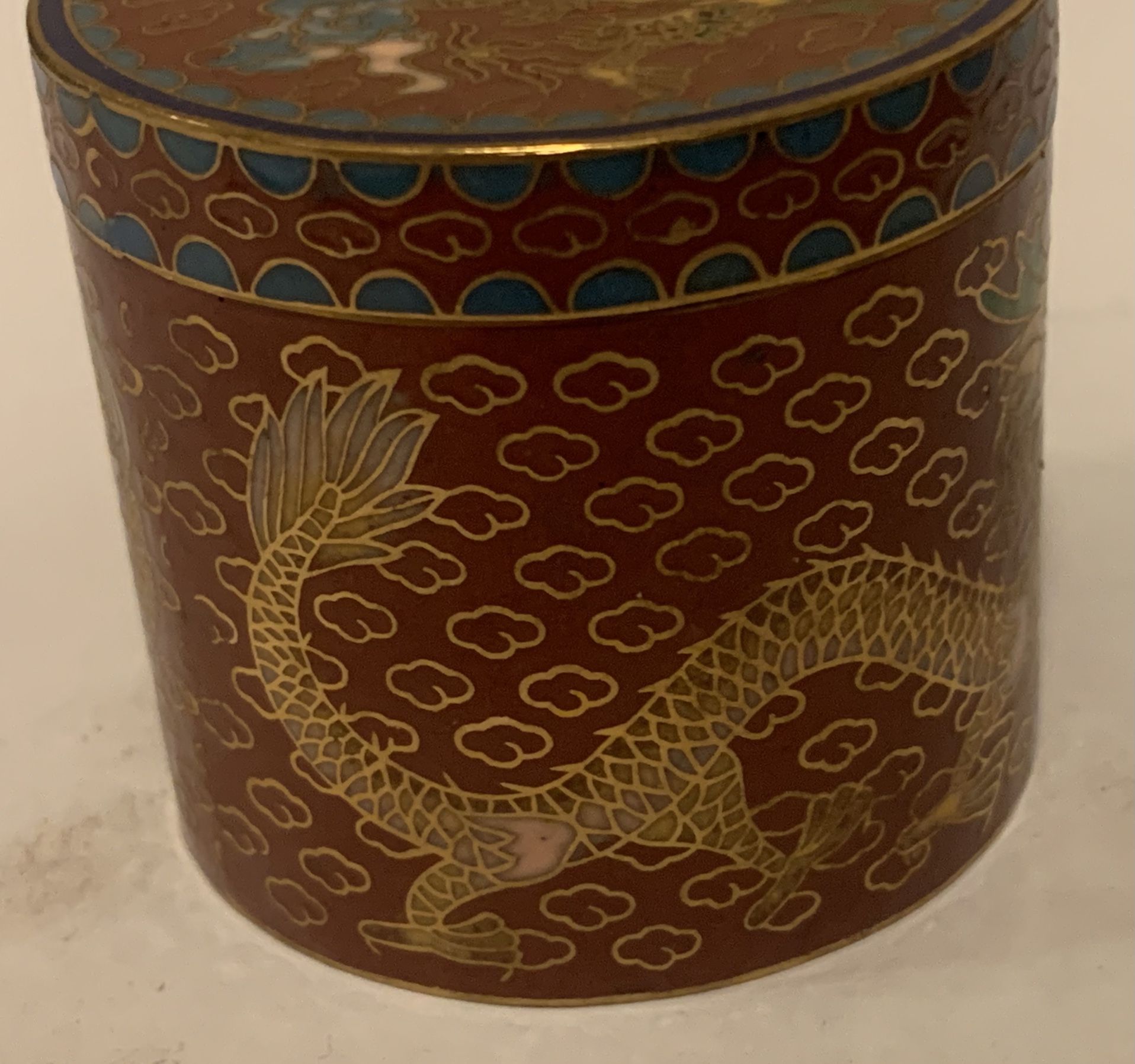 Vintage Set Of Chinese Cloisonné Container, Chinoiserie, Trinket with the 2 Dragons Motif, and 6 Cloisonné Beads With The Flowers Around